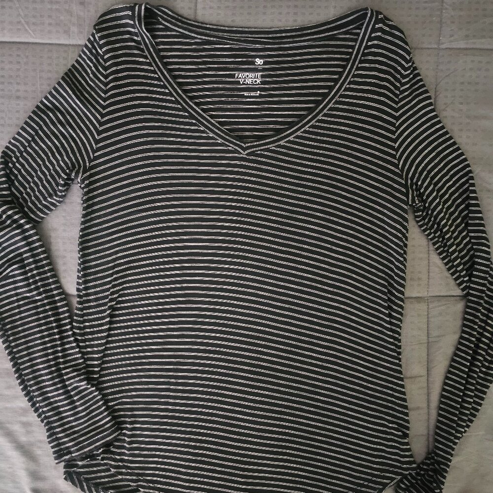 Ultra Soft Black and White Striped V-Neck